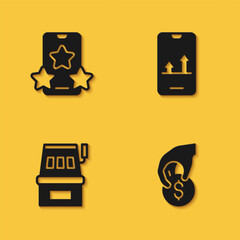 Set Online sports betting, Hand holding casino chips, Slot machine and icon with long shadow. Vector