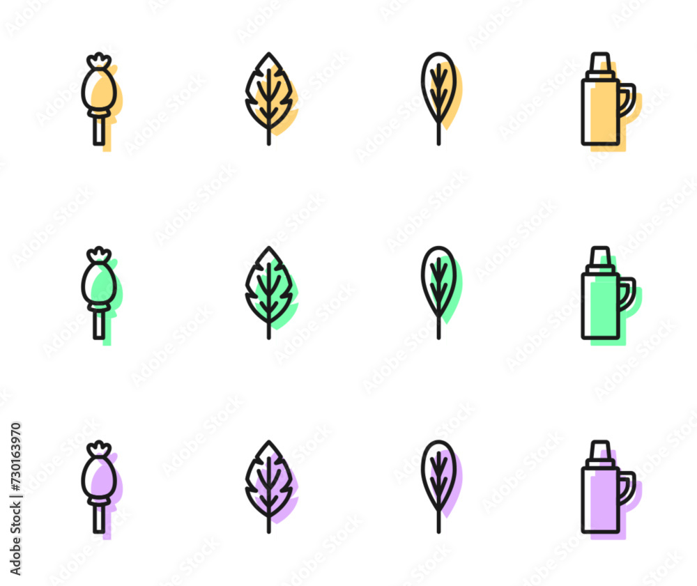 Poster Set line Leaf, Opium poppy, and Thermos container icon. Vector