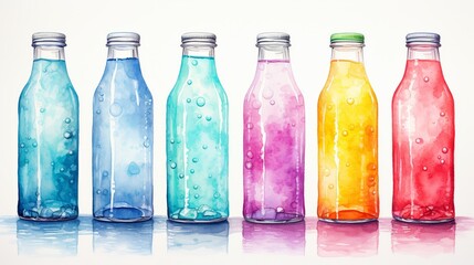 Watercolor rendering of cool, dewy soft drink bottles in a row, vibrant colors - obrazy, fototapety, plakaty