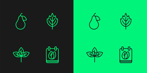 Set line Calendar with autumn leaves, Leaf, Pear and icon. Vector