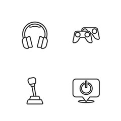 Set line Power button, Gear shifter, Headphones and Game controller or joystick icon. Vector