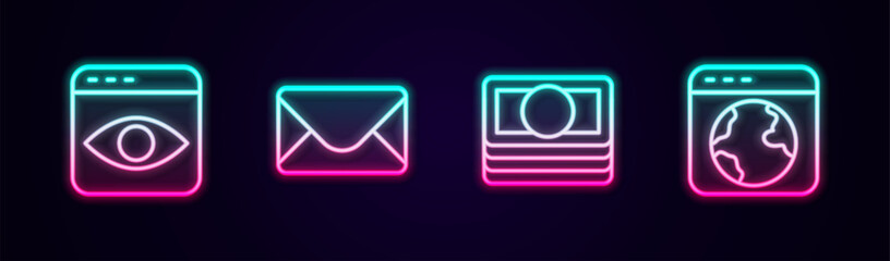 Set line Personal information collection, Mail and e-mail, Stacks paper money cash and Worldwide. Glowing neon icon. Vector