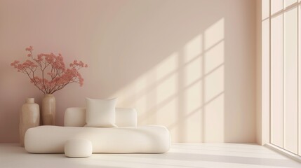 Empty light pastel minimalistic room interior with vases, ikebana and sofa in Japanese style decor for zen practices