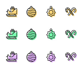 Set line Christmas toy, santa claus sleigh, ball and Candy cane with stripes icon. Vector