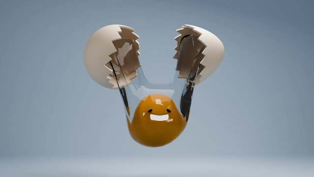 white egg and funny cartoon egg yolk on blue background. 3D animation. Easter greeting card