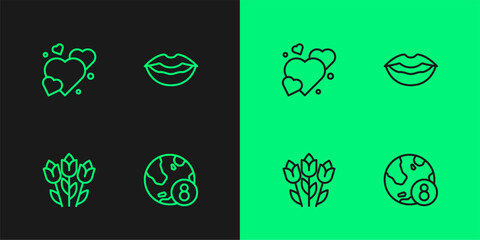 Set line International Women Day, Flower tulip, Heart and Smiling lips icon. Vector