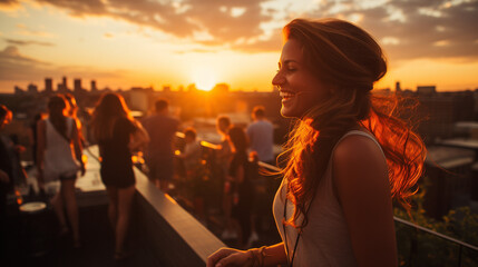 Young woman smiling on a rooftop with a city view at sunset