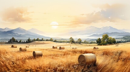 Obraz premium Watercolor vista of a tranquil field with hay bales, a mountain backdrop, as dusk falls