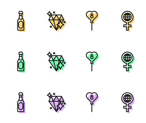 Set line Balloons with 8 March, Champagne bottle, Diamond and International Women Day icon. Vector