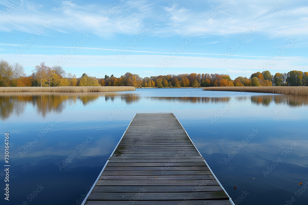 Wall mural Floating pontoon bridge on a tranquil lake, a favored spot for leisurely strolls and fishing, enhancing the waterfront area with both charm and practicality for residents and visitors.