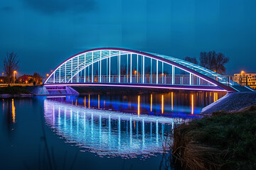 Architecturally striking bridge featuring an integrated light installation, which illuminates the...
