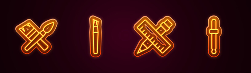 Set line Paint brush, Crossed ruler and pencil and Eyedropper color picker palette. Glowing neon icon. Vector