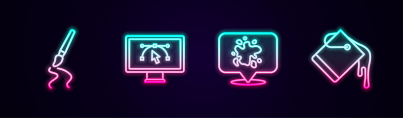 Set line Paint brush, Computer with design program, spray and bucket. Glowing neon icon. Vector