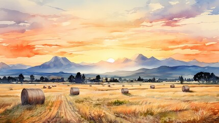 Watercolor vista of a tranquil field with hay bales, a mountain backdrop, as dusk falls