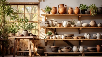 Rustic pottery studio, clay pieces on wooden shelves, soft overhead daylight, artisan vibe