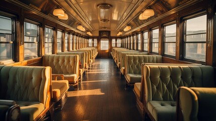 Vintage train compartment, brass fixtures, soft daylight through windows, travel nostalgia