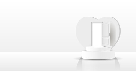 The interior of an empty room with a white open door.
A set of three 3D images in pastel colors.
Product demonstration on the podium. Vector image, banner.