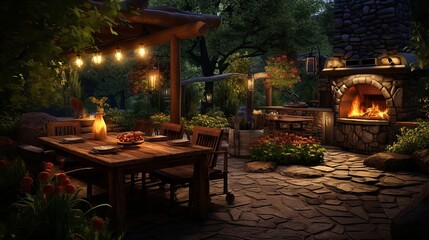Rustic outdoor grill with a focus on the glowing embers and a natural garden setting