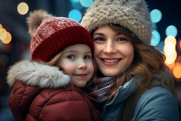 Family day in winter fair land magic lights happy time holidays Generative AI composition