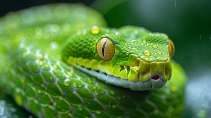 Fototapeta premium Closeup of green snake with yellow eyes. Green snake is symbol of 2025.