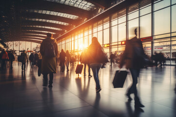Abstract blurred airport background. Silhouettes of walking people with suitcases at the airport or at the station in sunset sunlight. Concept of travel, flights, airport terminal, motion effect