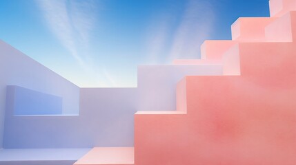 Fototapeta premium Pastel-hued abstract stairs under a bright sky, casting soft shadows