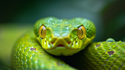Fototapeta premium Closeup of green snake with yellow eyes. Green snake is symbol of 2025.
