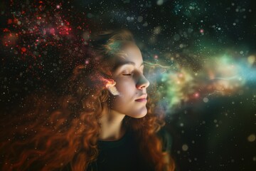A redhead girl or young woman with beautiful flawless glowing skin having starry astral experience in cosmic space environment