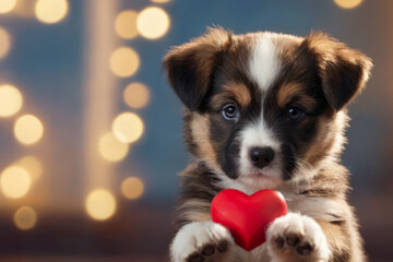 Fototapeta na wymiar cute puppy holding red heart in paw. Valentines day concept