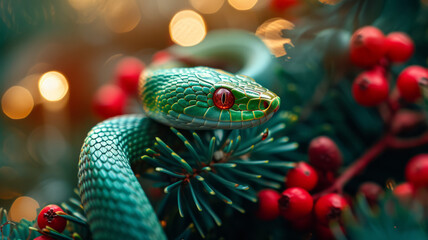 Fototapeta premium Snake on Christmas fir branch. Green snake is symbol of 2025.