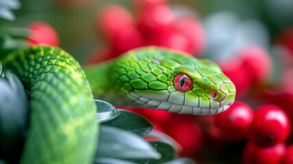 Fototapeta premium Snake on Christmas fir branch. Green snake is symbol of 2025.