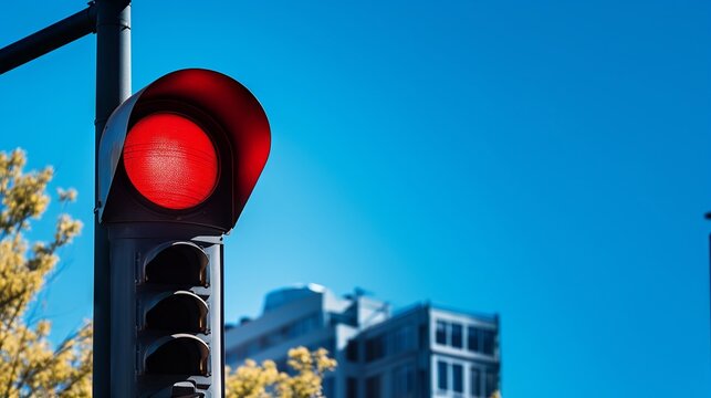 Bright red stoplight on a sunny day, clear blue sky contrasting with urban setting