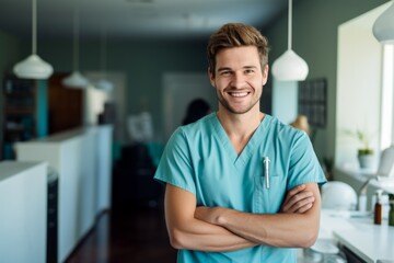 Happy man medical assistant in clinic. Nurse in uniform doctor at hospital