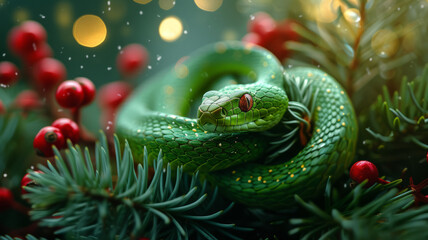 Fototapeta premium Snake on Christmas fir branch. Green snake is symbol of 2025.