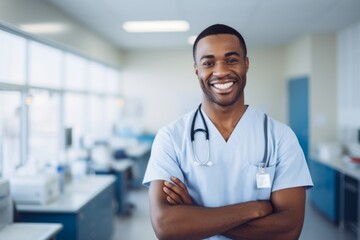 Happy african american man medical assistant in clinic. Nurse in uniform doctor at hospital