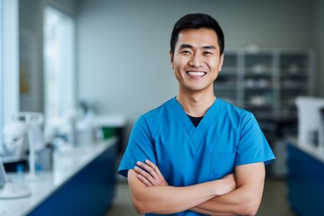 Happy asian man medical assistant in clinic. Nurse in uniform doctor at hospital