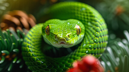 Fototapeta premium Snake on Christmas fir branch. Green snake is symbol of 2025.