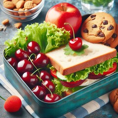 Fototapeta na wymiar Delicious healthy sandwich in a lunch box, cookies and cherries. Take lunch with you to school or the office