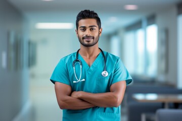 Happy indian man medical assistant in clinic. Nurse in uniform doctor at hospital