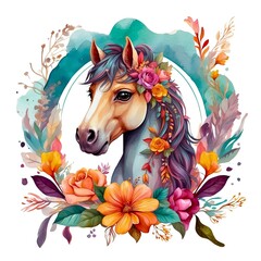 Watercolor illustration portrait of a cute adorable horse with flowers on isolated white background.
