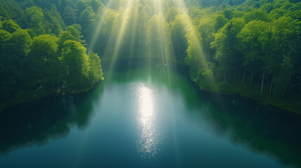 Waterfall in the forest, Aerial shot beautiful nature landscape with sun rays and forest and lake, Ai generated image
