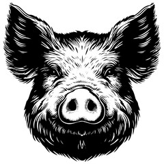 Close up of pig snout, black and white illustration, woodcut style