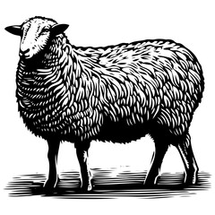 Sheep illustration, black and white, woodcut style