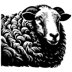 Close up muzzle of sheep, black and white, woodcut style