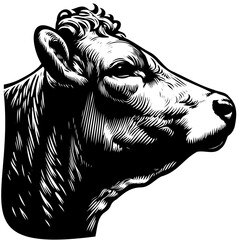 Close up of cow face, black and white, woodcut style,  - obrazy, fototapety, plakaty