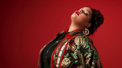 Plus size female model on a red background. Photo in fashion editorial style