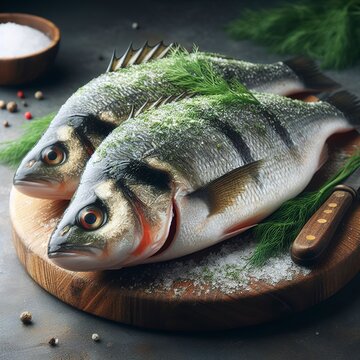 Raw fish perch without a head with dill greens on stand