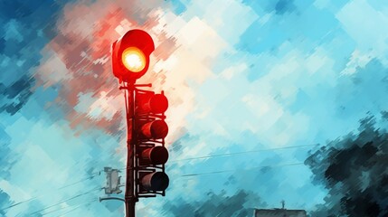 Watercolor digital art of a traffic signal, vivid red against a calming blue sky - obrazy, fototapety, plakaty