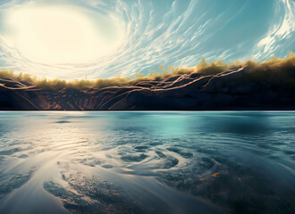 Abstract  inside empty river and light swirling surface on digital art concept.