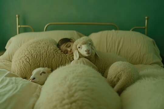 Girl sleeping surrounded by sheep on bed, insomnia concept, counting sheep. Generative AI